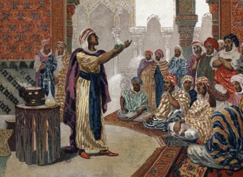 Den arabiske alkymist Geber (Jâbir ibn Hayyan) (v721-v815), enching kemi. Barcelona 1881