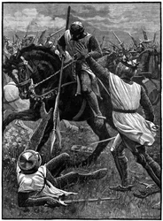 Slaget ved Evesham, 4. august 1265. (c1800). Evesham markerede afslutningen på den anden baronkrig. Royalistiske styrker ledet af prins Edward (Edward I) besejrede Simon de Montfort (c1208-1265), som blev dræbt i slaget. Her Henrik III (1207-1272), der hav