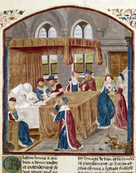 The Birth of Jules Cesar - Miniature uddrag fra Facts of the Romans af Jules Cesar a Domitian, tekster af Lucan (39-65), Suetone (70-122) og Salluste (86-34 f.Kr.)