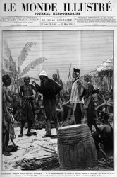 Brazza-missionen i Vestafrika: Pietro Paolo Savorgnan di Brazza eller Pierre Paul Francois Camille Savorgnan de Brazza (1852-1905) organiserer en konvoj af Batekes-skibe til Franceville (Gabon) den 14. december