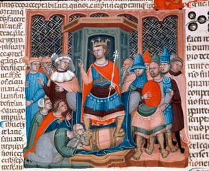 Den byzansiske kejser Justinian I (482-565) omgiver jurister og soldater ved hans Miniaturedomstol hentet fra Justinian Code (Codex Justinianus), en samling love og institutioner udgivet under den romerske kejser Justinian I af Byzans (483-565)
