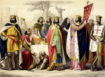 Kapetianerne fra 987 til 1137. Hugues Capet, Robert 1er Constance, Philippe 1er, Louis VI og Louis VII. Indgravering af det 19. århundrede.
