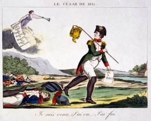 Cæsaren fra 1815 - Jeg kom, jeg så... jeg løb væk. Karikatur om Napoleon 1., der flygter fra slagmarken, hvor de døde franske soldater ligger spredt. Gravering 1815 - Napoleon Bonaparte (15. august 1769 - 5. maj 1821) var en fransk militær og politisk