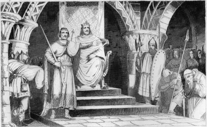 Kroningen af Chilperik 2. (670-721) - Chilperik 2. (670-721) sættes på tronen i 715 ved Ragenfrid (Ragenfred), major domus i Neustrien - Stik fra 1825 i »Frankrigs historie fremstillet gennem synoptiske malerier, tilegnet Frankrigs børn«