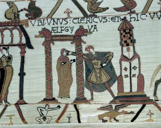Hertugen af Normandiet Vilhelm Erobreren (1027-1087) lover sin datter Aelfgyve til Harold i ægteskab Nederst til venstre, en repræsentation af en nøgen mand. Detalje af Bayeux-tapet eller broderi af dronning Mathilde