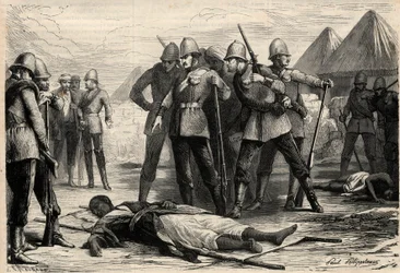 Kejseren (negus) af Etiopien Theodoros II (Tewodros) døde den 13. april 1868 efter englændernes erobring af Magdala, hvor negus havde trukket sig tilbage. Gravering i "" L