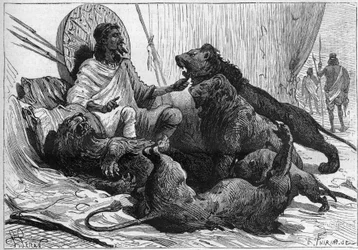 Kejseren (ras) Theodoros af Abessinien omgiver sine løver. I "Nature" fra 1888.