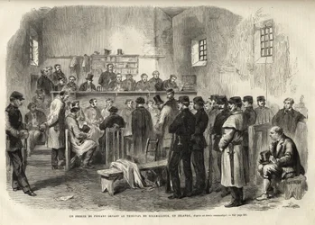 The Fenian Insurrection, inquest on Mr Cleary in the Courthouse at Kilmallock - 1867 - En retssag mod fenianere for Court of Kilmallock i Irland - 1867 - gravering fra "The Illustrous Universe"" fra 1867
