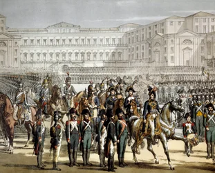 Den franske general og konge af Napoli Gioacchino (Joachim) Murat (1767-1815) gennemgår den cisalpine milits foran Villa Reale de Monza den 07/08/1801. Gravering Museo del Risorgimento, Milano