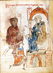 Den germanske kejser Henri IV (1050 - 1106) i angrende dragt beder om tilgivelse fra pave Gregor VII (Hildebrand: 1015/20 - 1085), som blev søgt tilflugt på slottet hos grevinde Mathilda af Toscana (1046 - 1115) i Canossa. 25. - 28. januar