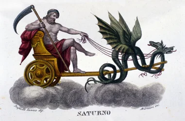Guden Saturn (eller Kronos) på en vogn trukket af to drager. Efter en illustration af Raffaello Sanzio. Gravering fra det 19. århundrede.
