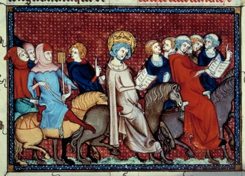 Kongen af Frankrig Louis IX (Saint Louis) (1214-1270) har fortalt sine timer til sine miniaturepræster fra et manuskript "Life and miracles of Saint Louis"" af William af Saint Pathus