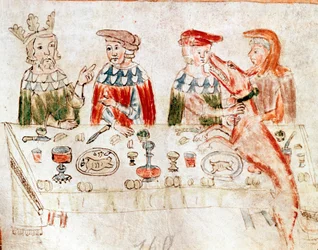 Frankernes konge Pipin III den Lille (714-768) og hans søn Karl den Store ved et festmåltid. Miniature fra et manuskript fra det 12. århundrede. Venedig, Biblioteca Nazionale Marciana