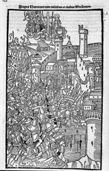 The Knights of Rhodes (Ordenen af ​​Hospitallers of St. John of Jerusalem) angriber Rhode Island i "" Rhodiorum History"" af Guilelmus Caorsin, Ulmae, Joh. Regeringen oktober