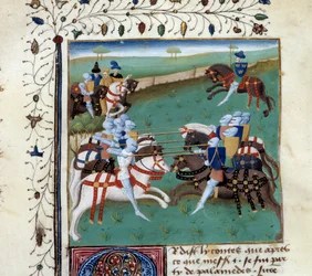 The Knights of the Round Table, der deltager i en ridderlig turnering. Miniature fra manuskriptet "The novel of Tristan" af Master Charles of Maine