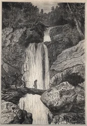 Linklater-vandfaldet - illustration fra det 19. århundrede til den historiske roman "The Puritans of Scotland" (Old Mortality) af Walter Scott (1771-1832)