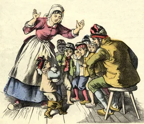 Den Lille Poulet og hans brødre tager hjem til sine forældre. Illustration af fortællingen "" Le Petit Poucet"" af Charles Perrault