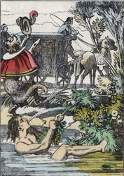 Markisen de Carabas lader som om han drukner, mens støvlekatten tilkalder hjælp. Illustration af fortællingen "The cat botte" af Charles Perrault