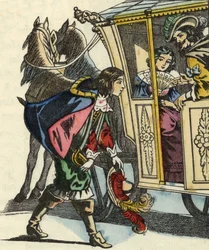 Markis af Carabas hilser på kongen og prinsessen i deres karet. Illustration til eventyret «Mesterkatten eller Katten i støvler» af Charles Perrault