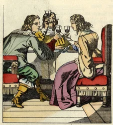 Markisen af Carabas inviterer prinsessen og kongen til at spise på slottet. Illustration af fortællingen "The cat botte" af Charles Perrault