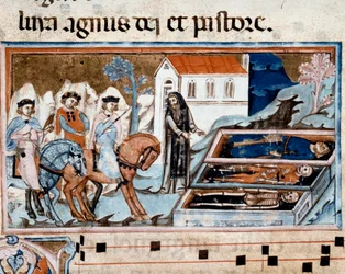 Mødet mellem de tre levende og de tre døde (eller Dit). De tre levende og en eneboer foran de tre kister, som viser lig i forskellige stadier af forrådnelse. Miniature fra »Laudario Magliabecchiano«. Det 14. århundrede. Firenze, Biblioteca Nazionale