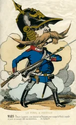 Nålegeværet - Portræt af Otto von Bismarck (1815-1898), Preussens kansler - Mars, krigsguden, skuffet over sig selv som preusser, for at prøve nålegeværet og spille østrigerne et slemt puds... Karikatur