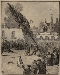 Plantagen af et frihedstræ under revolutionen (Liberty pole) - Plantage of a Liberty Tree (poppel) i Frankrig. Indgravering fra 1885 i "" Les arts et metiers illustres"" af Adolphe BITARD.