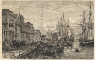Kajen i Boa Vista, ved San Pedro de Rio Grande do Sul, en havn i Brasilien - Le quai de Belle-Vue, en San Pedro de Rio Grande (Brasilien) - Kaptajn i Sao Pedro do Rio Grande do Sul - Gravering fra " "Det illustere univers"" 1866