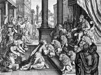 Dronningen af Saba før kong Salomon - indgravering fra en bibel fra det 17. århundrede