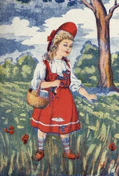 Rødhætten har blomster. Illustration til "" Den Lille Rødhætte"", fortælling af Charles Perrault (1628-1703), fransk forfatter. Anonym illustration. Billedmateriale Marcel Vagne, Jarville Nancy, udateret (slutningen af det 19. århundrede).