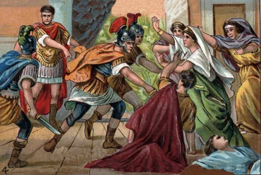 Den romerske kejser Caracalla (188-217) myrder sin bror Geta i deres mors arme.