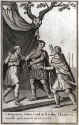 Den romerske kejser Julian (Flavius Claudius Julianus, Julian den Frafaldne, Julian Filosoffen, Julian II) (332-363) giver tilbage til kongen af det germanske folk i Chamaves sin søn, som han troede, han havde mistet. 4. århundrede. Indgravering i "Beaute 
