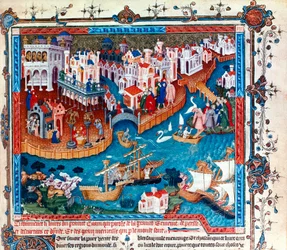Den venetianske opdagelsesrejsende Marco Polo, forlod byen Venedig med sin far og onkel i 1271: han tog mod Fjernøsten og tog Silkevejen, miniature