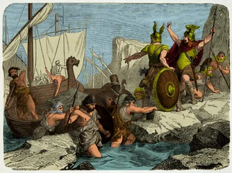 Vikingerne går i land på den franske kyst i 911, gravering 1800-tallet