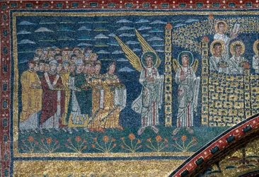Visionen om det himmelske Jerusalem: De udvalgte bevæger sig mod byen bevogtet af engle. Detalje. Mosaik omkring 830. Triumfbue for basilikaen Santa Prassede, Rom