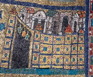 The Vision of Celestial Jerusalem: detalje af Jerusalem repræsenteret i befæstet citat. Mosaik omkring 830. Triumfbue for basilikaen Santa Prassede, Rom