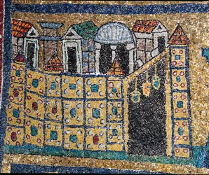 The Vision of Celestial Jerusalem: detalje af Jerusalem repræsenteret i befæstet citat. Mosaik omkring 830. Triumfbue for basilikaen Santa Prassede, Rom