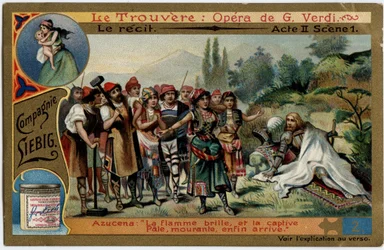 Akt II scene 1.Illustration til operaen "" Fundet"" (Il trovatore) af Giuseppe Verdi (1813-1901). Kromolitografi (Chromo) Liebig fra slutningen af 1800-tallet.