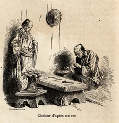 Efternaturmejsleren. Indgravering til illustration af rejsen til Japan i 1863-1864 af Aime Humbert, minister for Det Schweiziske Forbund, i "Le tour du monde, nouveau journal des voyages", udgivet under ledelse af Edouard Charton