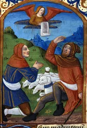 Englen forkynder Jesu fødsel for hyrderne. Manuskript fra det 15. århundrede. Biblioteca Nazionale Braidense, Milano