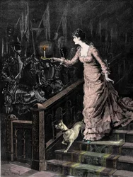 Våbenhuset hjemsøgte: en ung kvinde går ned ad trappen og leder det stearinlys, hun holder i hånden, mod et sæt rustninger. Illustration af slutningen af 1800-tallet