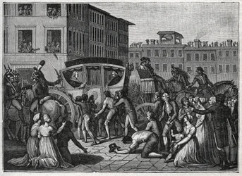 Pave Pius VIs (Giovanni Angelo Braschi dit Pius VI, PIO 1717-1799) ankomst til Grenoble i 1799. Stik fra 1800.