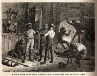 Ankomsten af minearbejdere til en Caribou kro (Canada), scener med afslapning og genforening, over en drink. Gravering til illustration af rejsen fra Atlanterhavet til Stillehavet (route du nord ouest par les terres), i 1862-1864 af Viscount Milton og Doct