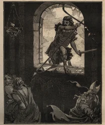 Glaskunsten: malede glasmosaikvinduer. Theodorics soldater knuser et farvet glasvindue for at komme ind i kirken Brioude (Haute Loire) i 521. Indgravering fra 1885 i "" Les arts et metiers illustres"" af Adolphe BITARD.