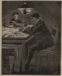 Kunsten at lapidary: indgravering af camee shell (camee-shell). Indgravering fra 1885 i "" Les arts et metiers illustres"" af Adolphe BITARD.