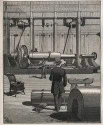 Kunsten at rejse: at skyde en stålmonsterkanon. Indgravering fra 1885 i "" Les arts et metiers illustres"" af Adolphe BITARD.