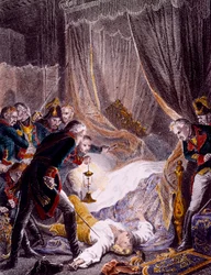Mordet på Paul I Petrovitj (1754-1801), russisk zar, på hans værelse i Sankt Michaels Palads, efter at han var blevet tvunget til at underskrive sin abdikation. Kobberstik omkring 1801. Privatsamling