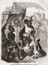 Mordet på hertugen af Burgund, Jean sans Peur, på broen i Montereau - i „Histoire de France“ af Anquetil, Paris