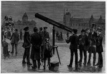 Astronomen og hans astronomiske bezel på Place du Chatelet, i Paris, på tidspunktet for observationerne af planeten Venus, i februar 1889. Indgravering i "" La Nature. Revue des sciences et de ses applications aux arts et a l