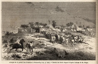 Angrebet på Sansandig af hæren af kong Ahmadou (Toucouleur), hvor flygtede Bambara søgte tilflugt. Gravering til illustration af løjtnant (Flåden) M. Mages rejse til Vestsudan i 1863-1866, offentliggjort i "Le tour du monde, nouveau journal des voyages", u